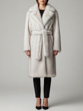 White Faux Fur Long Robe Coat with Belt